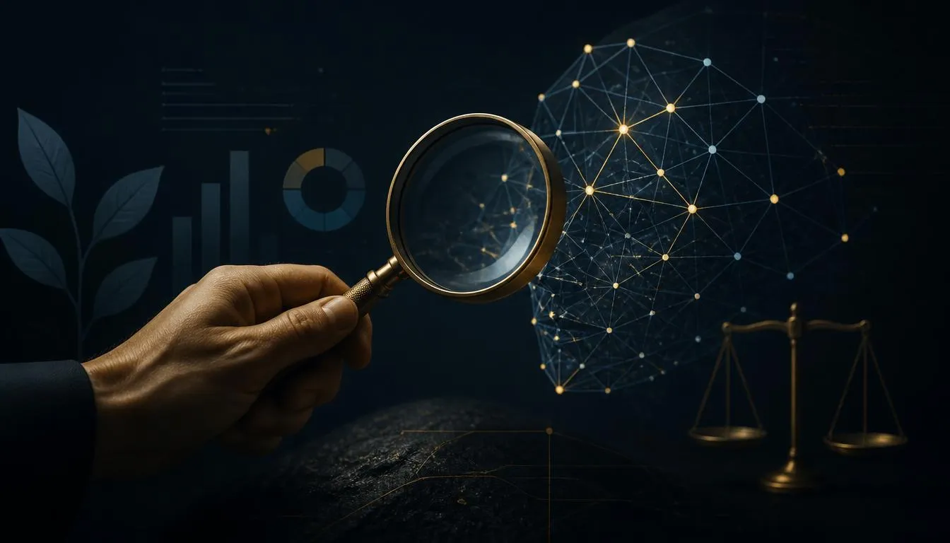 Abstract illustration of an AI system reviewing rows of sustainability data under human oversight